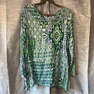 Nomadic Traders‎ Tunic Top Green Blue White Print Long Sleeve Size M